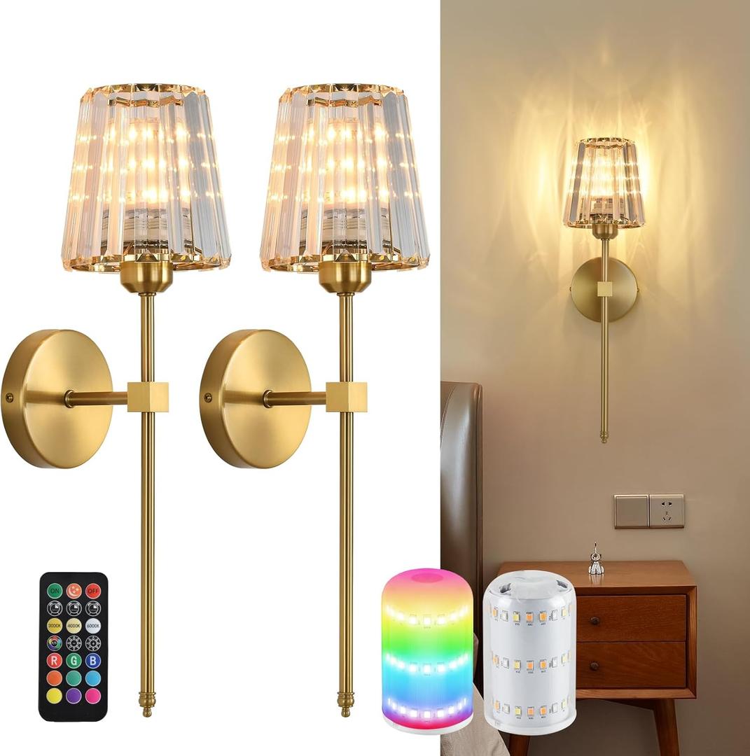 Battery Operated Crystal Wall Sconces Set of 2, Gold Wireless Wall Sconce with USB Rechargeable LED Light Bulbs 12 Colors Dimmable Crystal Wall Lamp with Remote for Bedroom Living Room, Bulbs Included
