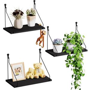 Elevate Your Space with Rustic Wood Floating Shelves Set of 3- Perfect for Bedroom, Living Room, Bathroom, and Kitchen Decor - Easy Installation, No Drilling Needed! Black