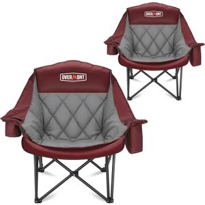 Overmont Oversized XL Camping Chair for Adults - 400lbs Support Heavy-Duty Padded Folding Chair with Side Pocket Cup Holder Cooling Bag for Outdoor Sports Garden Beach Fishing Lawn Red 2pcs