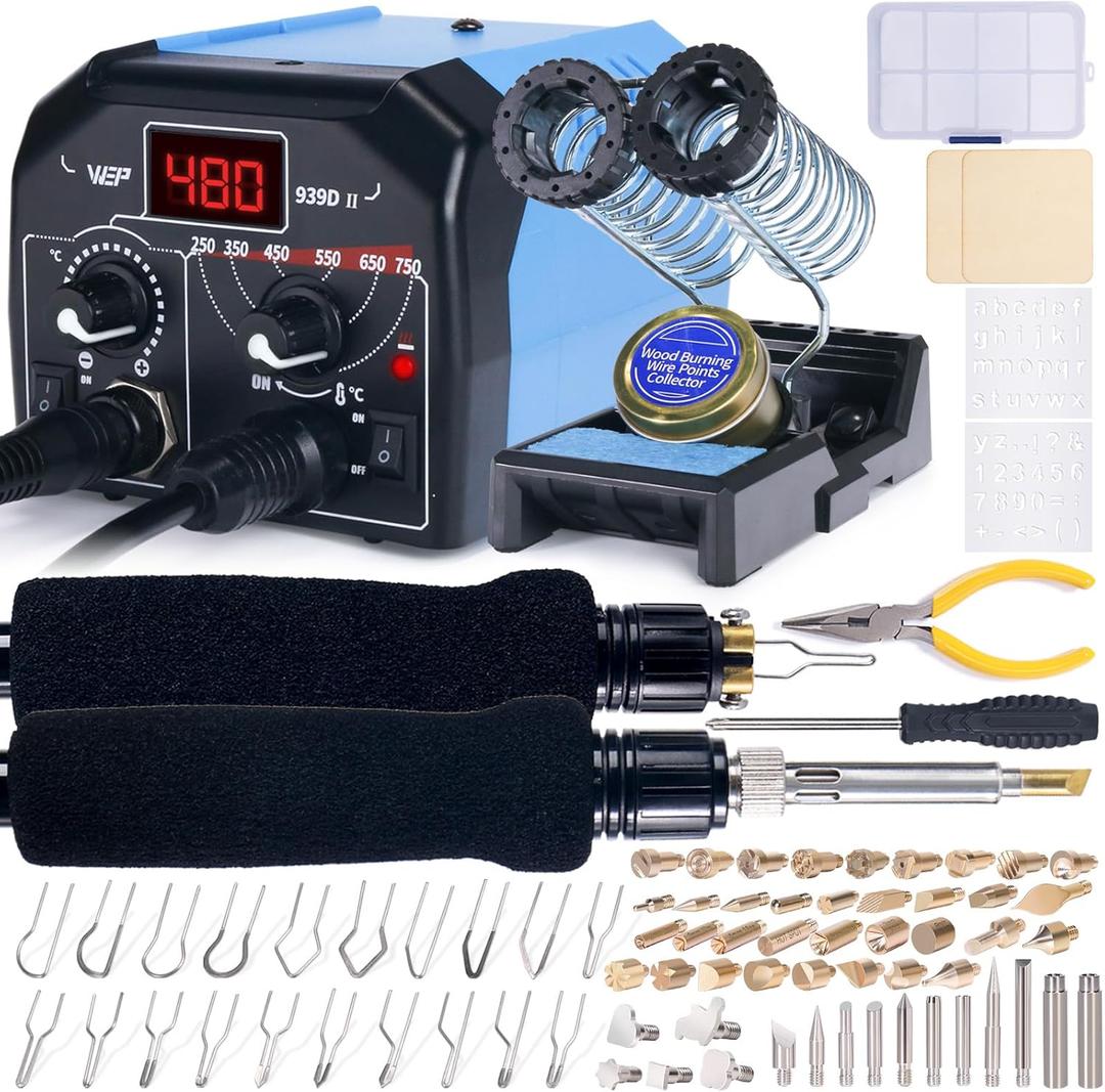 WEP 939D-II 2-IN-1 Wood Burning Kit 86-IN-1 with 51 Solid Points and 20 Wire Nibs Wood Burner with 2 Letter Number Stencils, 2 Unfinished Wood, 1 Pen Holder, Burning Tool
