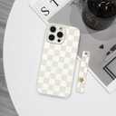 NITITOP Compatible with iPhone 15 Pro Case with Wrist Strap Kickstand Cute Trendy Checkerboard Plaid for Women Girls Slim Fit TPU Silicone Shockproof Full Camera Protective Cover - White
