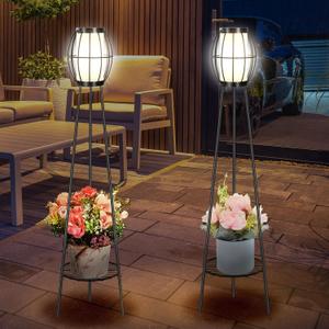 2 Pack Solar Lights Outdoor with Plant Stands, Solar Floor Lamps, Black Metal Tripod Deck Lights, Patio Decor for Garden Yard Pathway Driveway Porch