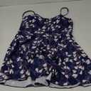 SHEKINI Women's Tummy Control One Piece Swimdress Drawstring Bathing Suits V Neck Swimwear（Blue-Printing, Large）
