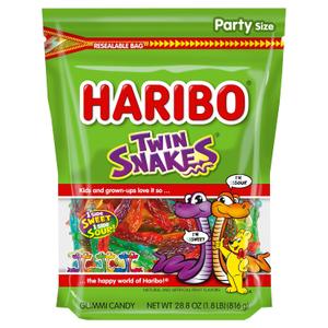 HARIBO Gummi Candy, Twin Snakes Sweet & Sour Gummy Candy, 28.8 Ounce Resealable Party Size Stand Up Bag, Soft & Chewy Snacks, Assorted Fruity Flavors