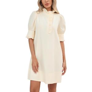Women's Puff Short Sleeve Stand Ruffle Collar Summer Dress Casual A Line Shift Mini Dress with Pockets (Medium)
