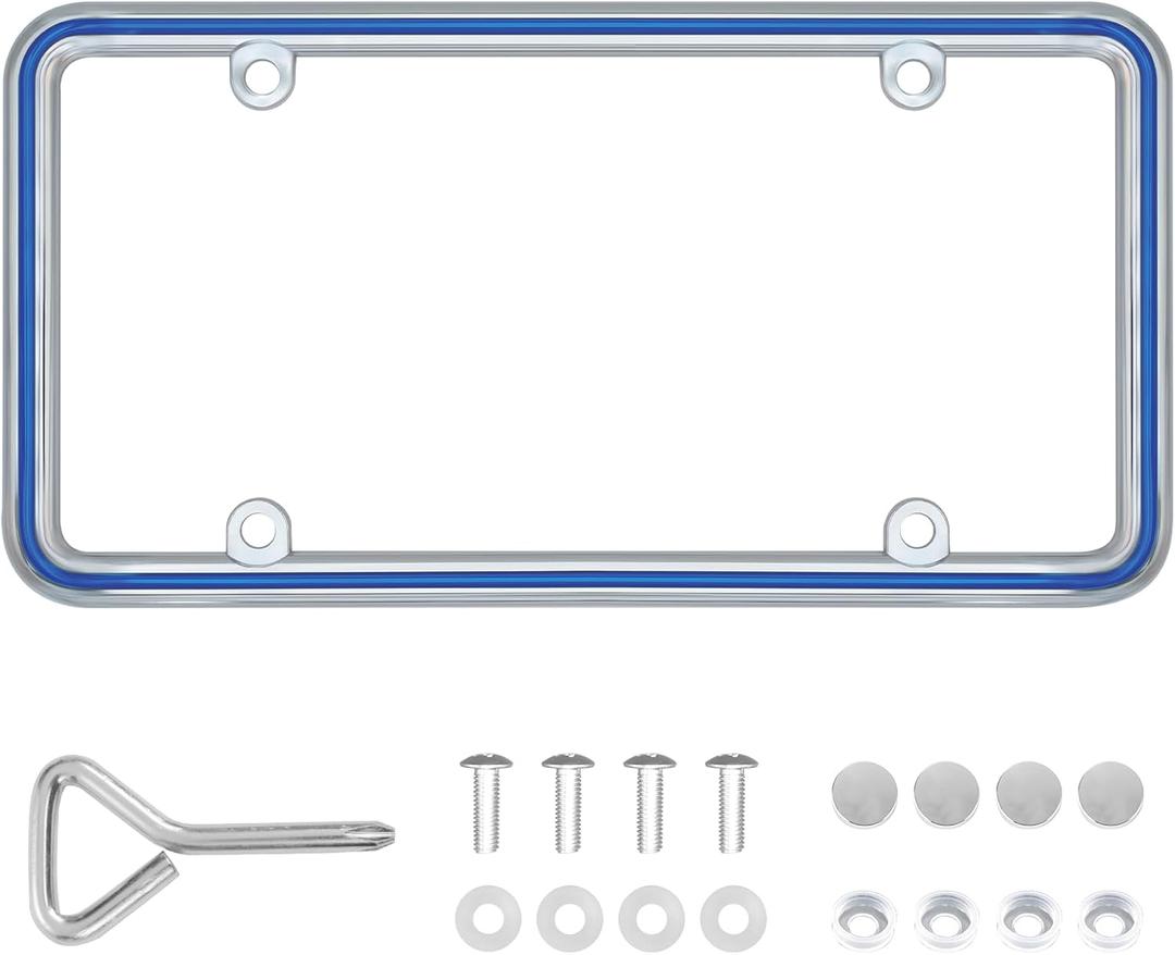 1pcs Heavy Duty Metal License Plate Frame, Made of Zinc Alloy with 4 Holes License Plate Holder Never Rust and Unbreakable, with Mounting Hardware Kit, Screws Caps (CHR-Blue)