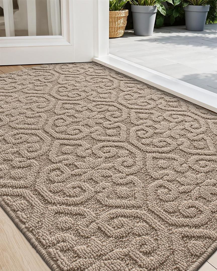 DEXI Front Door Entryway Mat Non Slip, 2x3 ft Washable Inside Entrance for House Floor Low Profile, Thin Entry Doormat Absorbent Dirt Trapper, Beige (24" x 36" (Rectangular))