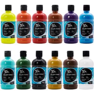 Mont Marte Signature Basic Color Acrylic Paint Set, 16.9oz (500ml), Semi-Matte Finish,Suitable for Canvas, Wood, Fabric, Leather, Cardboard, Paper, MDF and Crafts Pack of 12