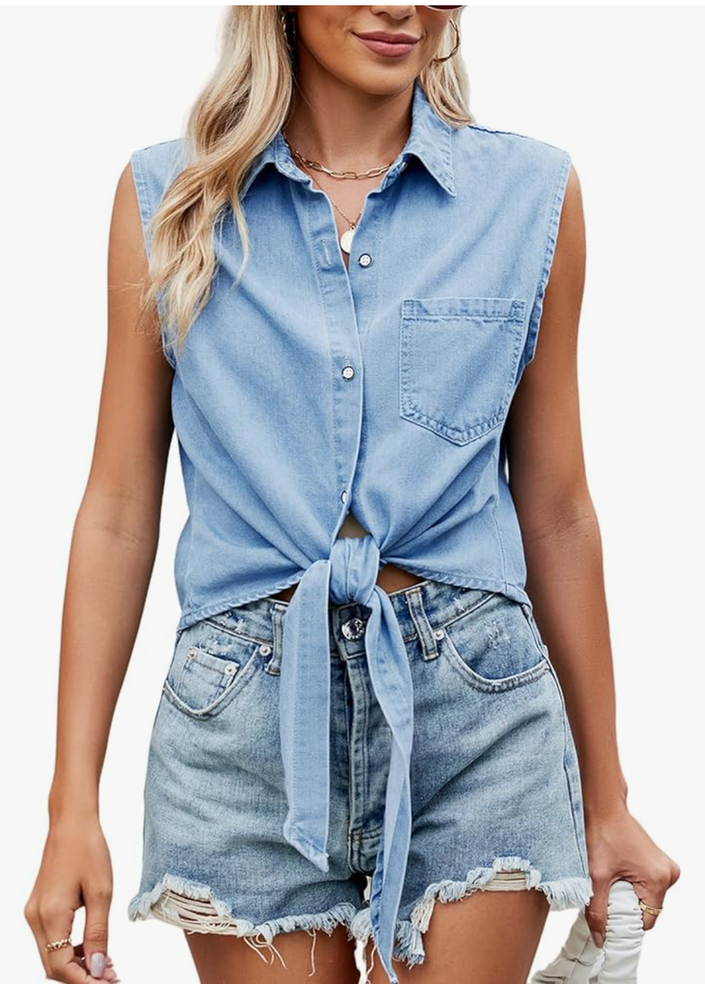 Womens Summer Button Down Tie Front Tops Collared V Neck Sleeveless Denim Chambray Shirt XXL