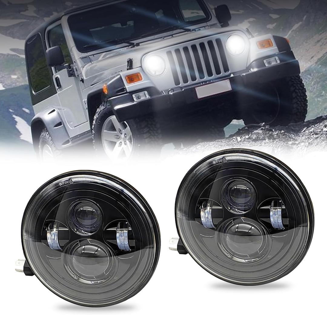 1 Pair 7 inch LED Headlights Round, H6024 High Low Sealed Beam, Compatible With Jeep Wrangler TJ JK CJ Hummer H1 H2, Black