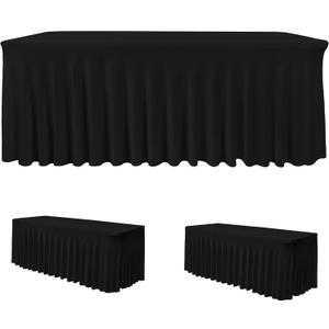 HolidayIdeas Black 8ft Rectangle Spandex Tablecloth 2 Pack Fitted Stretch Table Skirts 30x96 Inch, Ruffle Design Wrinkle-Free Polyester Table Cover for Banquets,Trade Shows, Parties, Events