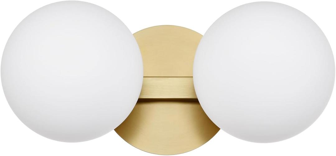 Gold Bathroom Vanity Light Fixtures, Modern 2 Lights Aged Brass Globe Wall Sconce Lighting, Porch Wall Mount Light Fixture for Bathroom, Mirror Cabinets Hallway Stairs