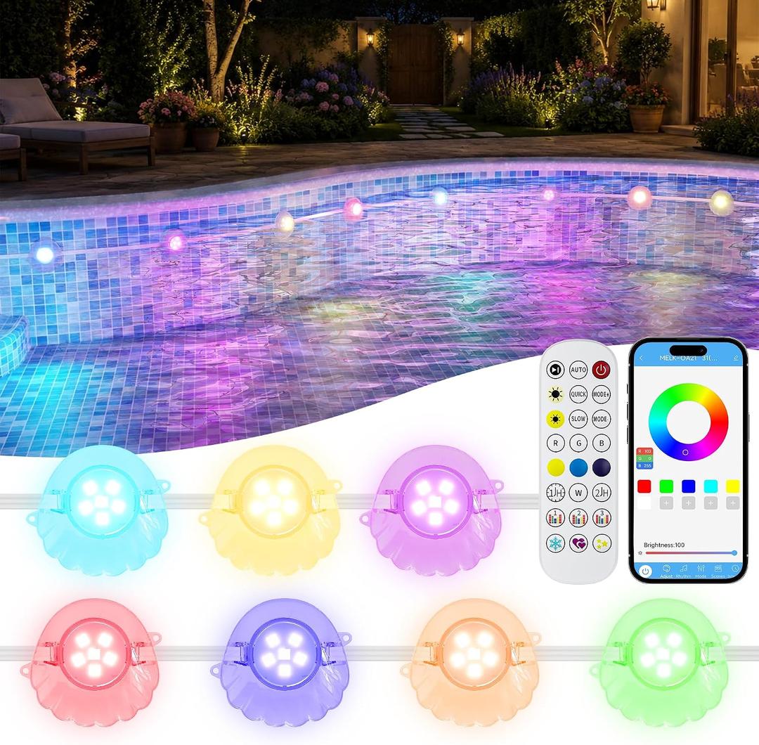 Pool Lights for Inground & Above Ground Pool 8 Pack, IP68 LED Pool Lights with App & Remote Control, RGBIC Color, Underwater Swimming Pool Lights with Timer, Music Sync