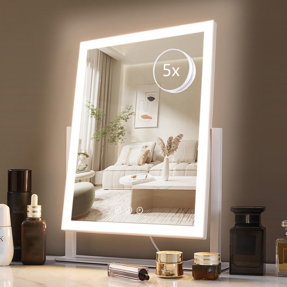 HIEEY Lighted Makeup Mirror, 17.3" x 13" Hollywood Vanity Mirror with Lights, Three Color Lighting Modes, and 5X Magnification Mirror, Smart Touch Control, 360Rotation (White,Gift Box)