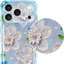 Jusy Case for iPhone 17 Pro Max, Colorful Retro Oil Painting Printed Flower Laser Blue Glossy Pattern Cute Curly Wave Phone Case Soft TPU Cover for Girly Women -Blue Flower