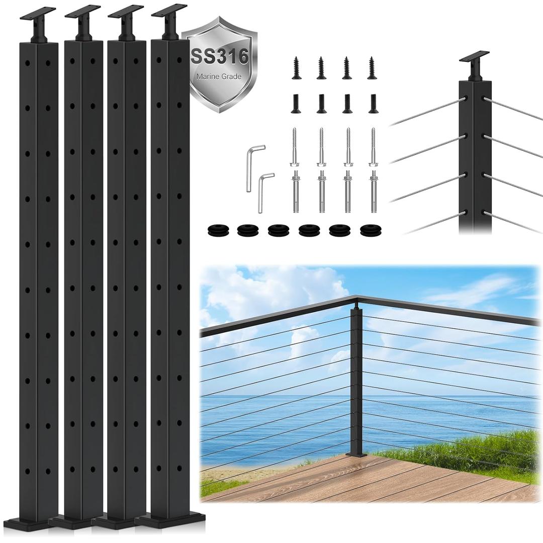 4Pack SS316 Cable Railing Corner Post 36" (Post 35"x2"x2") for Coastal Lake, 90 Drilled Railing Post with Cable Grommets, Adjustable Top Stainless Steel Black Finish L-drilled Staircase Post