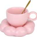 Flower Coffee Mug,Ceramic Cloud Coffee Cup and Saucer Set,Cute Mug with Flower Spoon,Kawaii Tea mug with Sunflower dish, Latte Cups 6.7oz/200ml for Office and Home for women Girls (Pink)