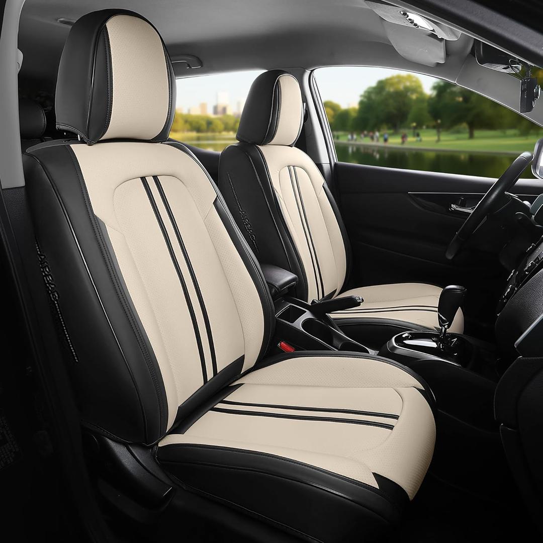 FREESOO Front Seats 2PCS Leather Car Seat Covers, Ultra Breathable Waterproof Seat Covers for Cars Trucks SUV, Carseat Protector Car Seat Cover Fit for Most Vehicles, Black Beige