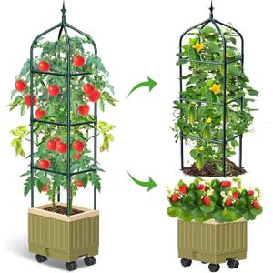 Raised Garden Bed Planter Box with Trellis, 71" Self-Watering Tomato Planter with Wheels for Climbing Vegetable and Plants, Tomato Cage Planters for Indoor Outdoor Patio Greenhouse Gardening (1Pack)