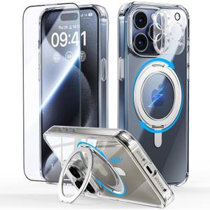 JUESHITUO for iPhone 15 Pro Case: [Non-Yellowing] 360Rotatable Magnetic Ring Stand & Holder with [Rotary Damping Sound], Fit for MagSafe Sturdy Protective Phone Cover 6.1"- TickStand Series - Clear