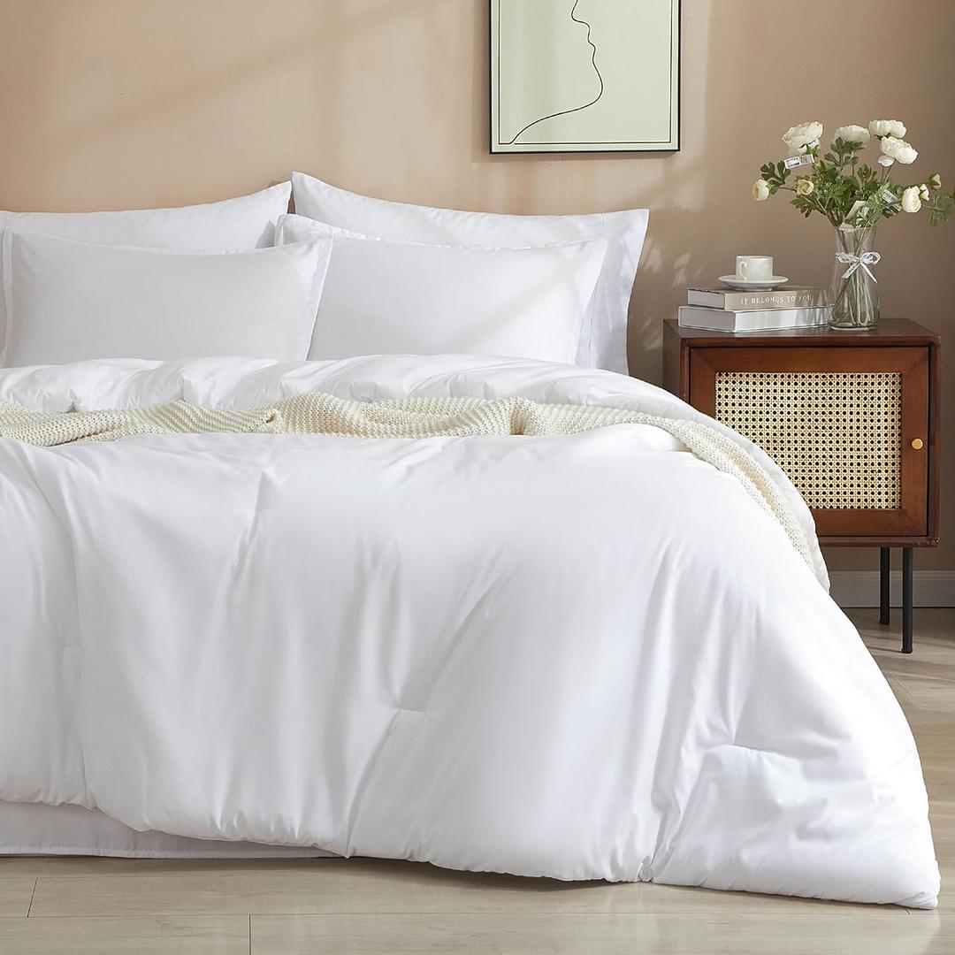 PHF 7 Pieces King Comforter Set, Lightweight Bed in A Bag & 18" Sheet Set for All Season, Ultra Soft Cozy Bedding with Comforter, Sheets, Pillowcases & Shams, White