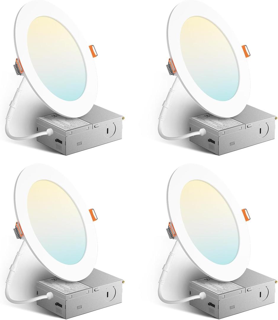 Amico 4 Pack 6 Inch 5CCT Ultra-Thin LED Recessed Ceiling Light with Junction Box, 2700K/3000K/3500K/4000K/5000K Selectable, 1050 Lumens, Dimmable Canless Wafer Downlight, 12W Eqv 110W-ETL&FCC