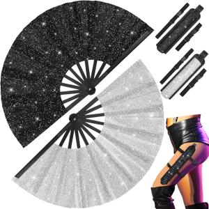 Weysat 2 Sets Large Folding Fans for Line Dancing Boots on the Ground Fans with Fan Holster for Women Men Glitter Fan with Leg Strap and Fabric Case Bag for EDM Music Festival (Black and Silver)