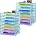 2 Pack 8 Tier Paper Organizer with Handle, Metal Mesh Desk File Organizer, Large Capacity Desk Organizers Paper Letter Tray Desktop Document Sorter for Office, Home or School - Blue