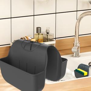 OKeanu Sponge Holder for Kitchen Sink, Silicone Sink Saddle Caddy Organizer Rack, Sponges Holder Over Faucet, Hanging Kitchen Organizer Accessories Rack Basket-Black