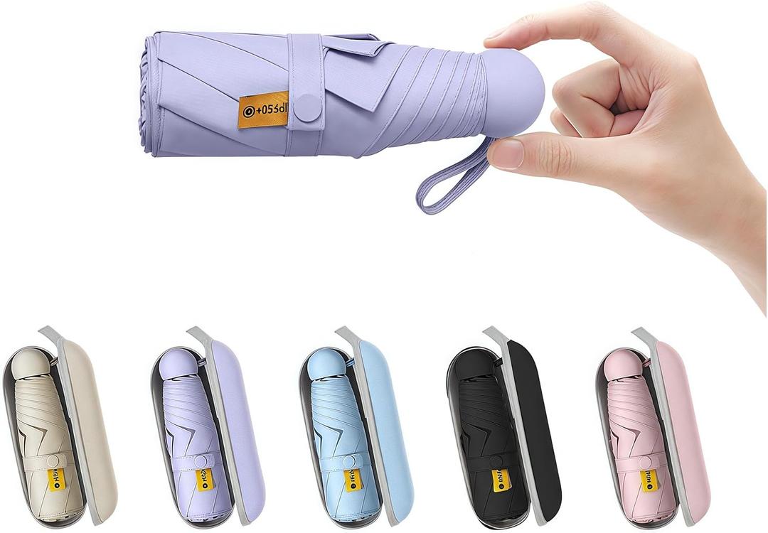 BAODINI Travel Mini Umbrella for Purse With Case Small Compact UV Sun Protection Sun Lightweight Tiny Pocket Umbrella for Women Kids and Men (1-Light Purple)