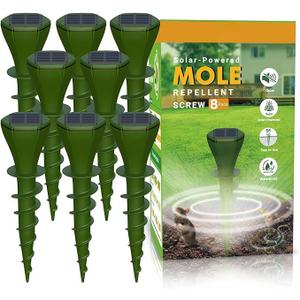 Mole Repellent for Lawns Gopher Screw Repeller Solar Powered Outdoor Groundhog Deterrent Vibration Stakes - Quiet Get Rid of Snake Vole Armadillo - No Poison Kill Traps (Green 8pack)