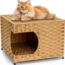 Cat House for Indoor Cats - Wicker Cat Bed with Double-Sided Soft Cushion, Decorative Handwoven Pet Bed Furniture