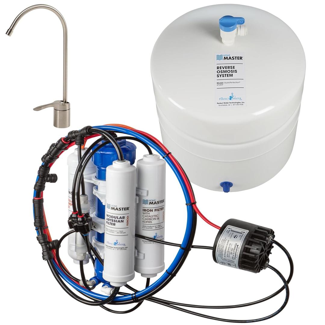 Home Master TMHP HydroPerfection Reverse Osmosis System, 9-stages, Patented 2-pass Alkaline Remineralization, Fast 4.5 Sec Fill Rate, 1:1 Waste Ratio, UV Sterilizer 99.9% EPA 97952AZ1, Iron Prefilter (TMHP)