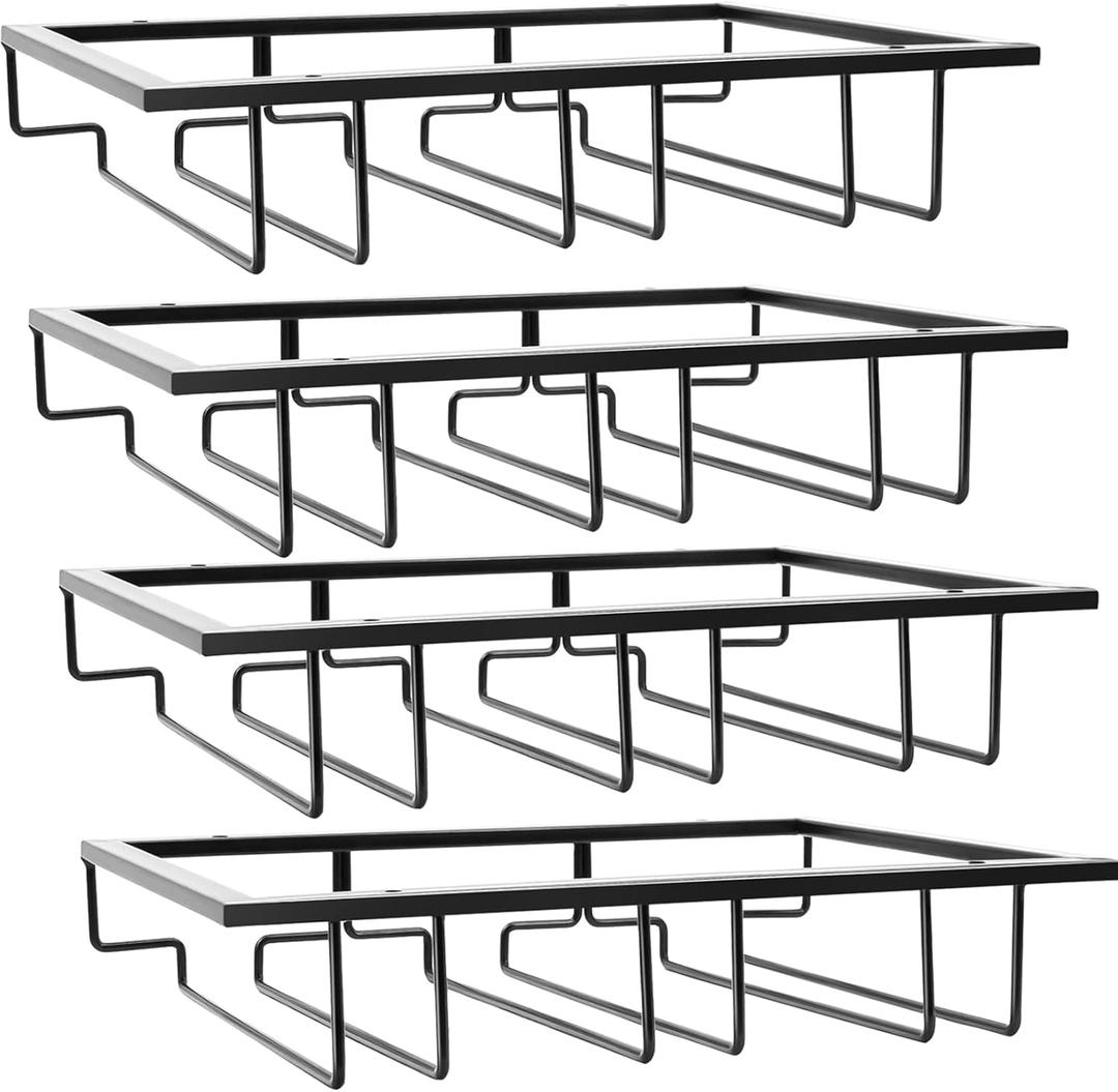 Torfican Wine Glass Holder Under Cabinet, 4 Pack Wine Stemware Holder, Wine Glass Rack, 3 Rows Black Metal Wine Glasses Hanger, Wine Glass Holder Storage Under Shelf, Wine Glass Rack for Kitchen Bar
