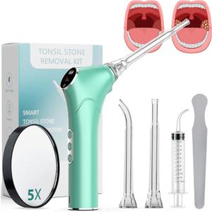 Electronic Vacuum Tonsil Stone Removal Kit - Tonsil Stone Remover with Built-in LED Light 3 Suction Mode - Fight Bad Breath Oral Irrigator 5X Magnifying Mirror for Stone Removal (Green)