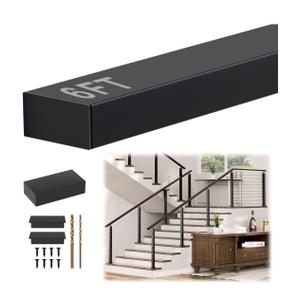 6FT Stainless Steel T304 Handrail Black with POM Connector, Black Rectangular Cable Railing Handrail Flat Deck Top Rail with SS304 End Caps for Indoor Outdoor Deck Stair Cable Railing System