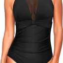 Tempt Me Women One Piece Swimsuit High Neck Plunge Ruched Tummy Control Bathing Suit (X-Large, Black New 2)