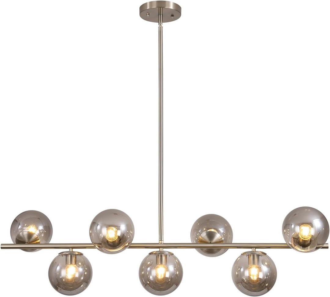 KCO Lighting Mid Century Modern 7-Light Silver Chandelier Brushed Nickel Kitchen Island Pendant Lighting Smoke Gray Glass Globe Hanging Ceiling Pendant Adjustable Round Ball Foyer Chandelier