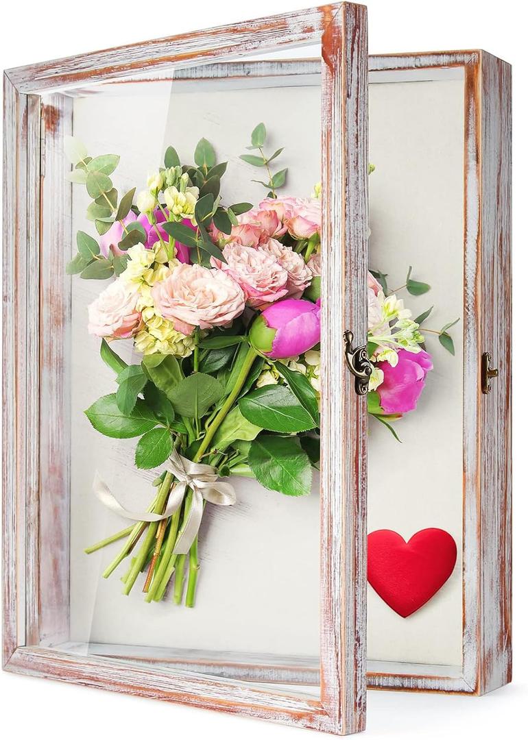 TJ.MOREE Flowers Shadow Box Display Case 13 x 16 Vintage Large Shadow Box Frame with Glass Window Door Farmhouse Deep Picture Frame Wedding Bouquet Memorabilia Photos Memory Box - White Pink (13x16)