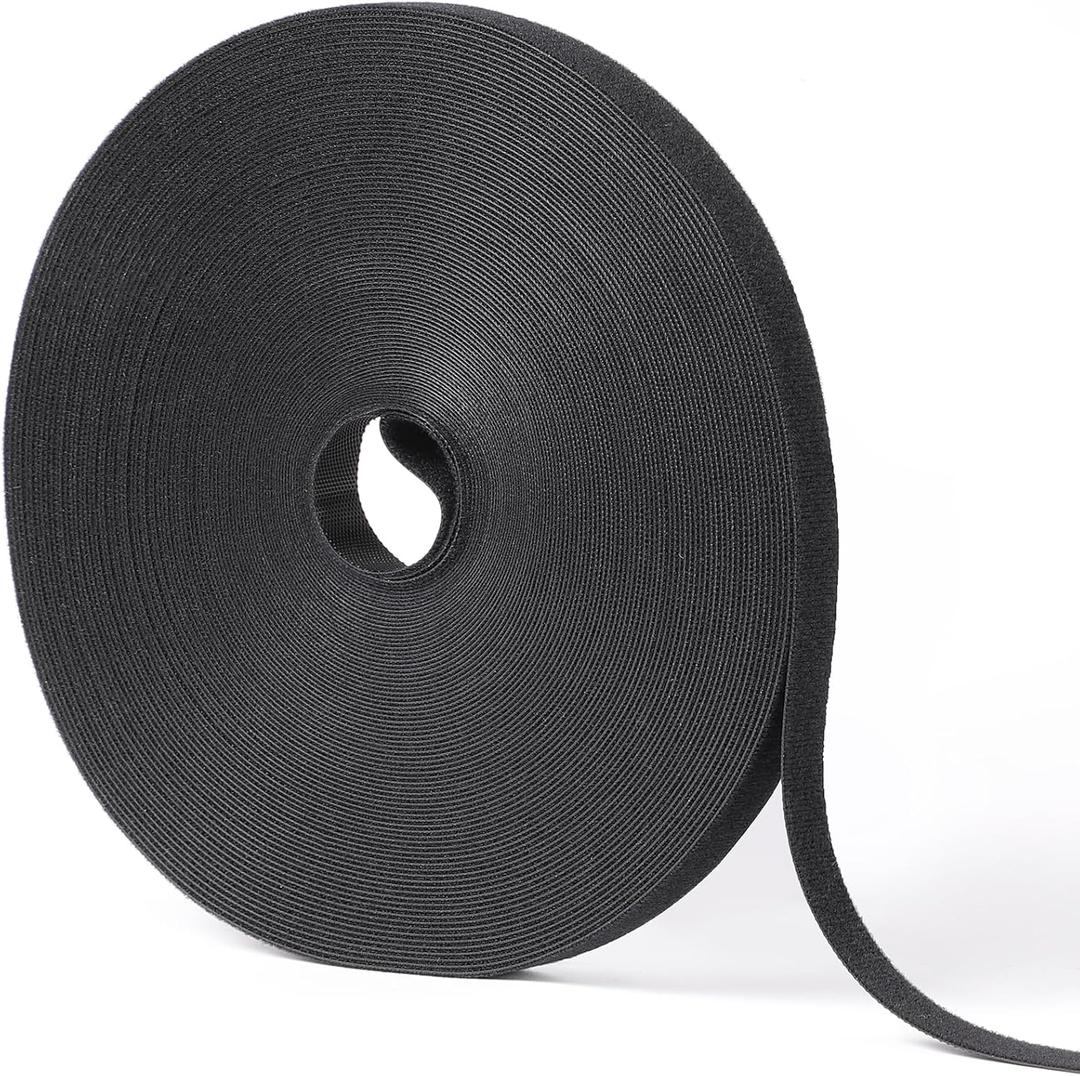 1/2in x 100ft Hook and Loop Roll | Double-Sided Strips, Self-Gripping Straps | Reusable Multi-Purpose Wrap Fasteners for Home, Office, Data Center, and More (Black)