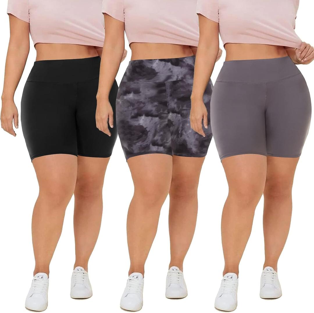 QGGQDD 3 Pack Plus Size Biker Shorts for Women 8" High Waisted Black Shorts for Yoga Workout  (XXL)