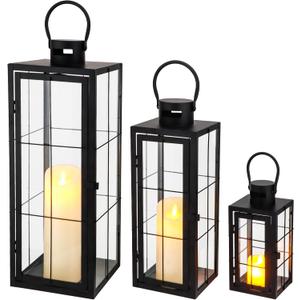 TRIROCKS Metal Candle Lantern Set of 3 - Assorted Sizes (9/15.5/19.5 Inch) - Tall Decorative Hanging Lanterns with Tempered Glass Panels Indoor & Outdoor Home Decor for Parties & Events - Black Finish