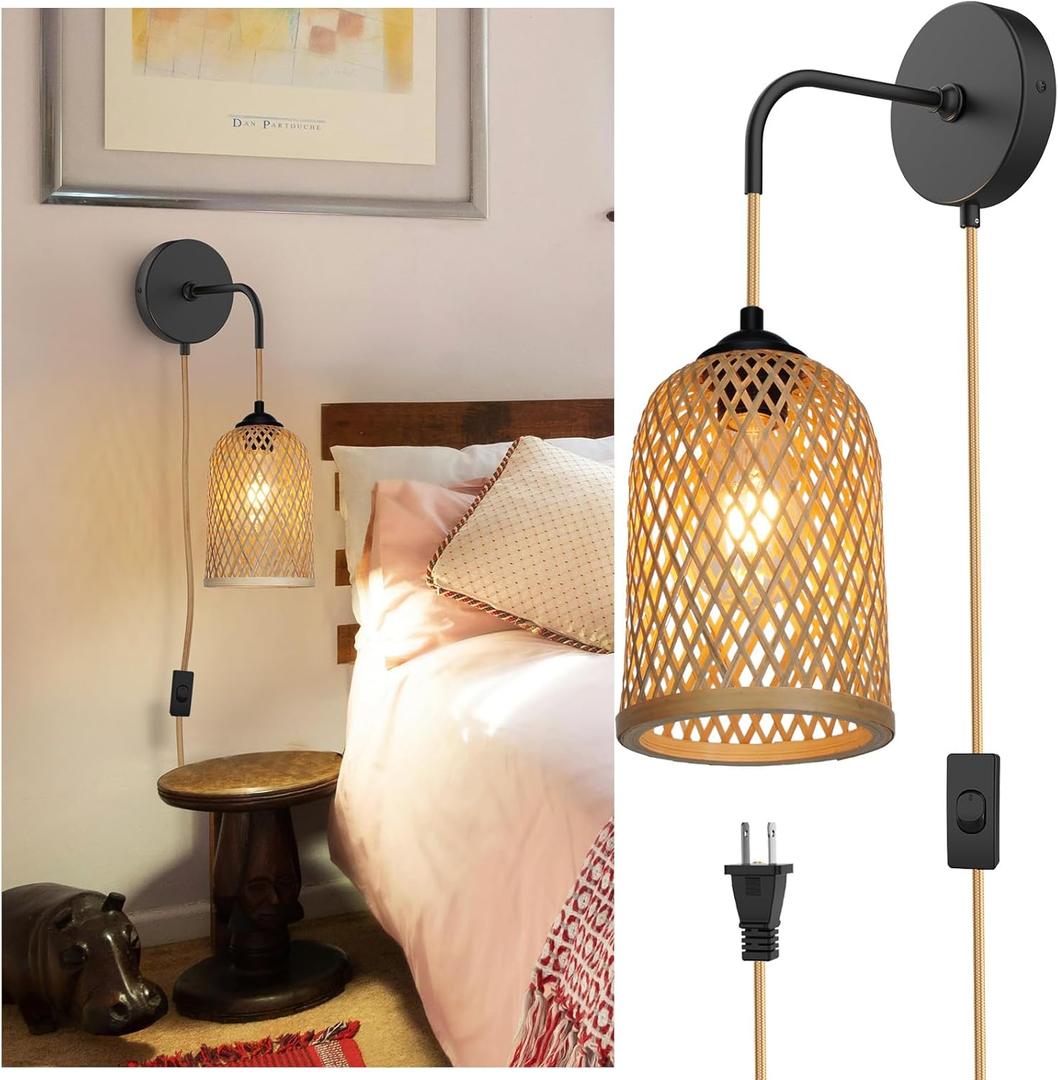 Plug in Wall Sconces,Handwoven Boho Wall Decor, Plug in Wall Light with Switch for Farmhouse,Indoor, Living Room, Bedroom (Bulb Not Included) 3.25 x 8.75 inches (Bamboo Cage)