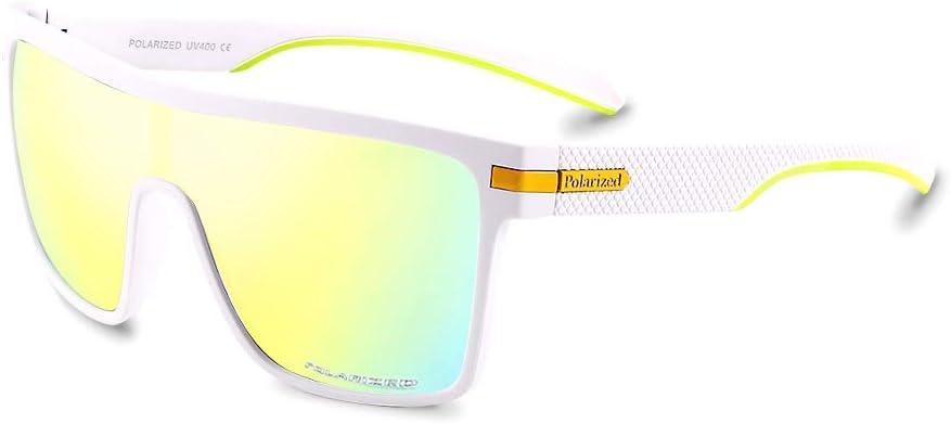 Karsaer Flat Top TR90 Polarized Sports Mens Sunglasses Vintage Square Cycling Running Fishing Golf Hiking Sports Glasses (Mirrored Gold Lens/White)