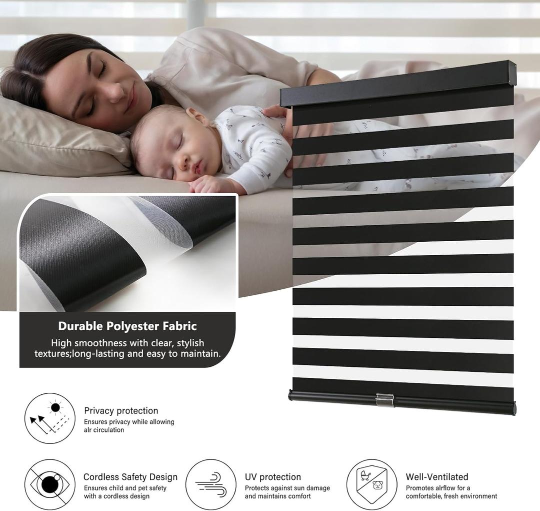 AOSKY Cordless Zebra Blinds for Windows Pull Down Roller Window Shades Dual Layer Light Filtering Privacy for Day and Night, Free-Stop Door Shades for Home Easy to Install (24" W X 72" H, Black)