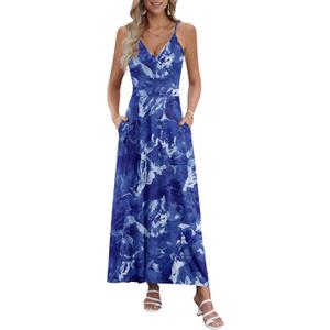 AUSELILY Womens Summer Dress 2025 Sleeveless V Neck Formal Party Evening Cocktail Long Dress with Pockets (Blue, L)