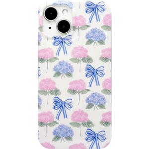 Reezaddin Pink Blue Hydrangea Flower Bow Phone Case for iPhone 14/13,Aesthetic Retro Coquette Vintage Floral Preppy Ribbons Chic Cute Girls Women Cover 6.1 inch