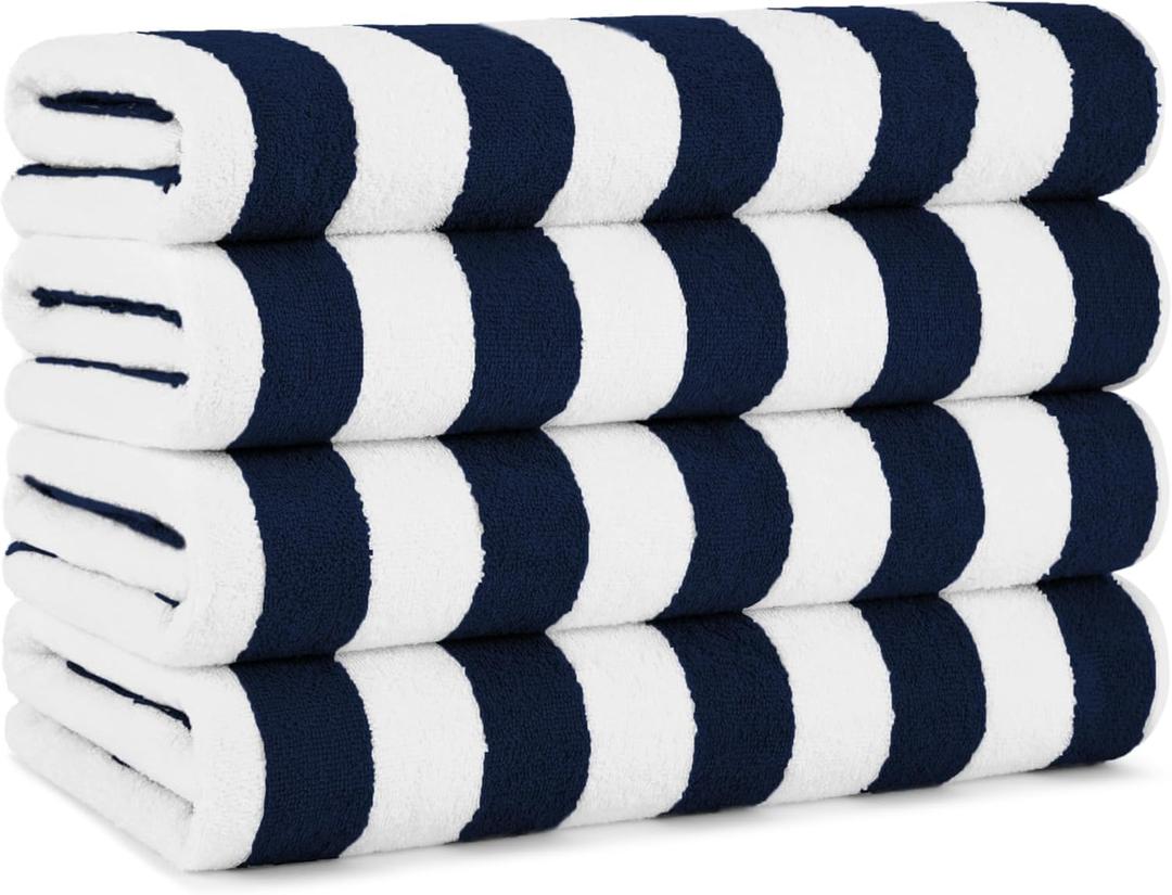 Arkwright California Cabana Stripe Beach Towel - Pack of 4, Large Soft Quick Dry Cotton Terry Towels Set for Pool, Swim, and Hot Tub, Oversized 30 x 70 in, Navy