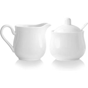 12 OZ Ceramic Sugar and Creamer Set, Coffee Serving Set, 3 Piece Cream Pitcher Sugar Bowl with Lid and Spoon (White)