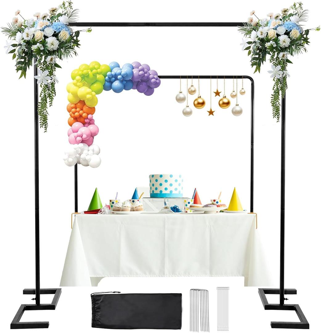 Square Backdrop Stand, 8.2FT Black Wedding Arch, Heavy Duty Balloon Arch Stand, Over The Table Rod Stand with Clamps, Adjustable Photo Booth Background, Backdrop Frame for Halloween Christmas Party